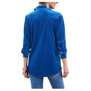 LUX SOFT SURROUNDINGS BLUE VELVET Thin Metallic Stripes Long Sleeve Shirt